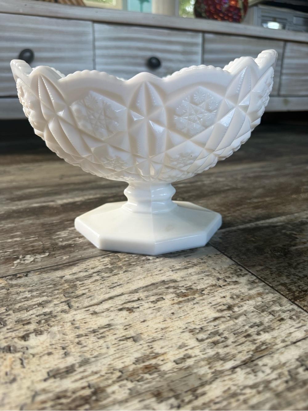 vintage Kemple white milk glass pedestal bowl  Toltec pattern scalloped edge